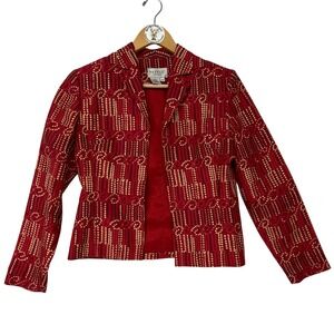 Papell‎ Petites Women's Red Silk Geometric Print Blazer Jacket Size 4P